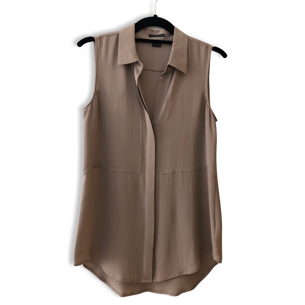 Theory Taupe Sleeveless Silk Blouse